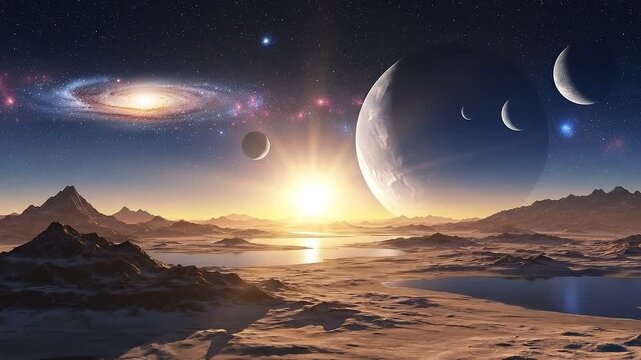 Alien Landscape with Multiple Moons and Stars.