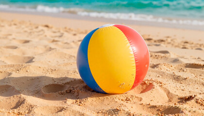 Obraz premium A bright beach ball on golden sand at a tropical beach during sunny weather