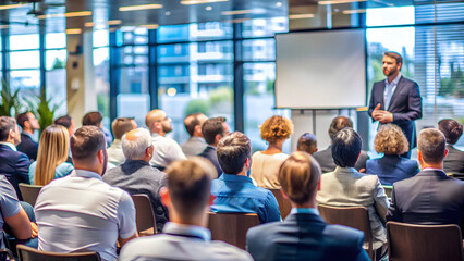 A man in a suit stands confidently in front of a whiteboard, addressing a diverse audience seated in a modern conference room with large windows.
