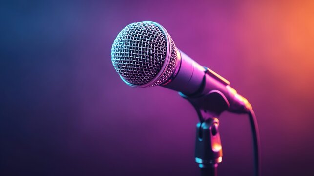 Professional microphone on a stand with colorful stage lighting and a blurred background