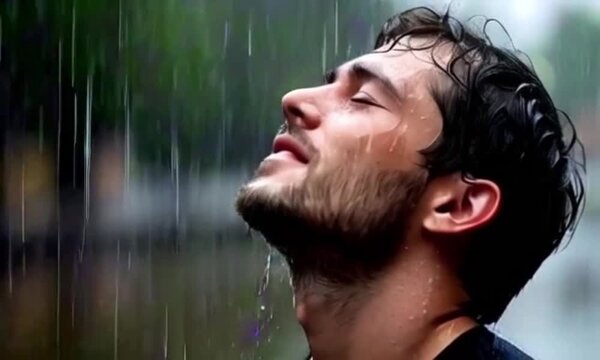 Soulful man standing in heavy rain with eyes closed and head tilted back, finding peace in the downpour. Captures raw emotion, vulnerability, and nature's purification.