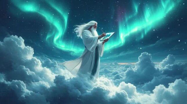 Majestic wise sage in white robes standing atop fluffy clouds, painting on a glowing tablet beneath the vibrant aurora borealis. Inspires divine creativity and cosmic awe.