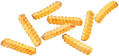 Falling crinkle french fries isolated on white background, crunchy potato sticks, full depth of...