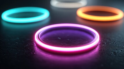 Abstract rings of vibrant neon light on a dark, textured surface