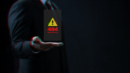 A digital conceptual image showing a businessman holding a glitchy 404 error page not found warning. Ideal for technology, cyber security, and website connectivity themes