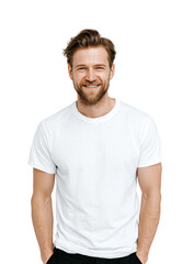 Fototapeta premium Smiling man portrait in a casual lifestyle bright positive vibes personal branding concept, isolated on transparent background, png