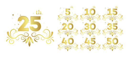 Golden Anniversary Numbers 5, 10, 15, 20, 25, 30, 35, 40, 45, 50  Celebration Vector Set
