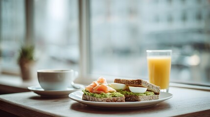 Healthy breakfast with avocado toast poached egg smoked salmon coffee and orange juice near window