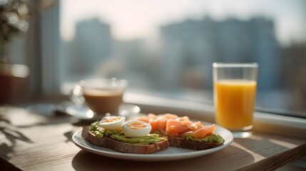 Healthy breakfast with avocado toast poached egg smoked salmon coffee and orange juice near window