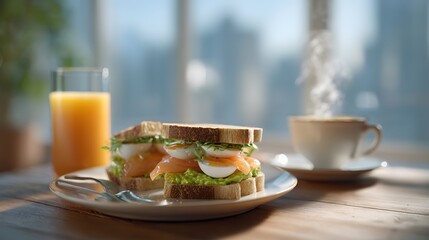 Healthy breakfast with avocado toast poached egg smoked salmon coffee and orange juice near window