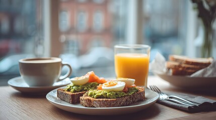 Healthy breakfast with avocado toast poached egg smoked salmon coffee and orange juice near window