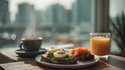 Healthy breakfast with avocado toast poached egg smoked salmon coffee and orange juice near window