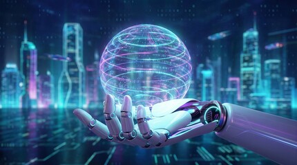Robotic hand holding glowing orb in futuristic cityscape at night