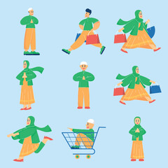 Muslim men and women flat design illustration, for asset design ramadan event, celebrating Ramadan or Eid