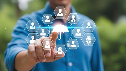 Businessman interacting with futuristic interface for social protection