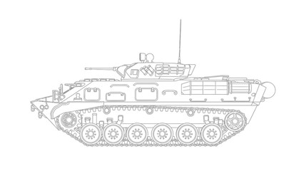 Obraz premium Line drawing of a military tank with detailed tracks and turret.