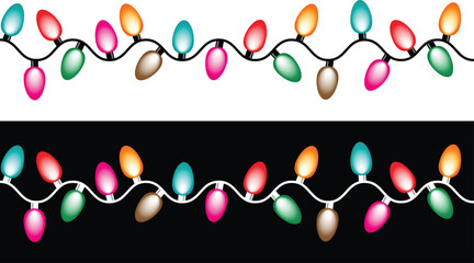 Colorful String Lights Border Isolated on White and Black Background, Festive Holiday Decoration
