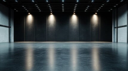 This image features a spacious, empty industrial interior highlighted by dramatic ceiling lights, emphasizing the stark contrast of its rough walls and polished floor surface.