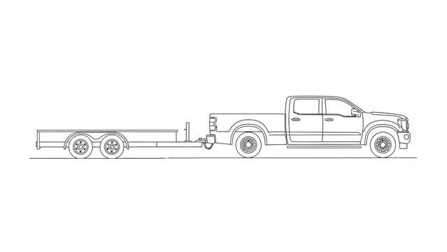 Line drawing of a pickup truck towing a flatbed trailer on a white background.