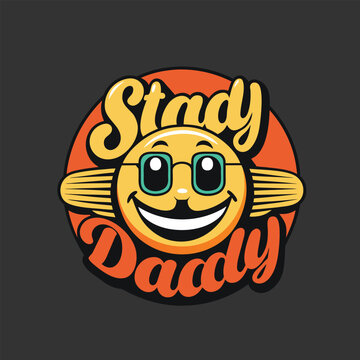 Stady daddy logo featuring a cheerful yellow emoji character with retro-style typography and square glasses