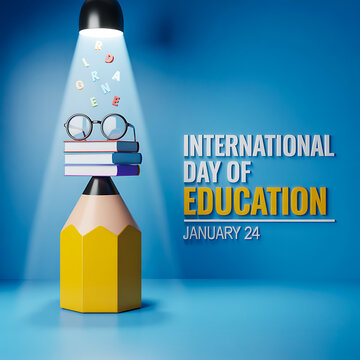 International day of education 3d illustration with pencil podium, books, glasses and spotlight