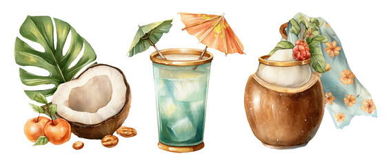 Summer Vibes Watercolor Illustration of Tropical Drinks and Fruit Elements