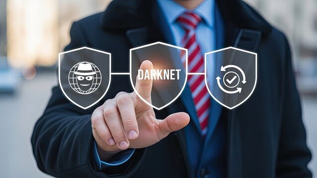 Businessman protecting against darknet threats with secure shields