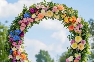 A colorful circular wedding arch featuring a rainbow of flowers and greenery, symbolizing joy and celebration,
