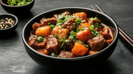 A hearty bowl of beef stew brimming with tender meat, fresh vegetables, and aromatic herbs, perfect for a comforting meal that warms the soul. © Larisa AI