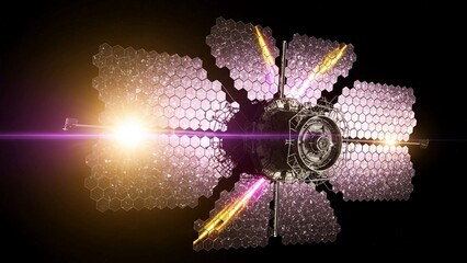 A futuristic spacecraft with solar panels and laser beams in deep space