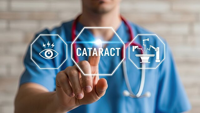 Doctor interacting with virtual cataract interface for eye surgery - Powered by Adobe