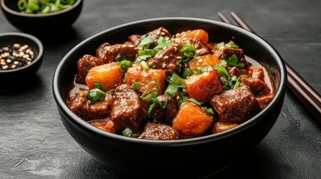 A hearty bowl of beef stew brimming with tender meat, fresh vegetables, and aromatic herbs, perfect for a comforting meal that warms the soul.