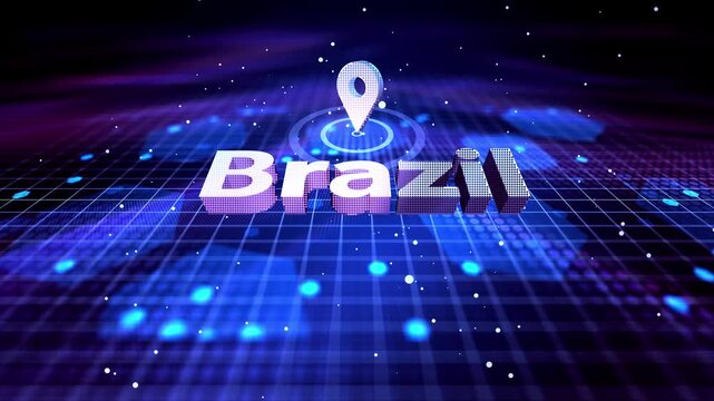 Brazil Map Location Pin with Futuristic Technology Grid Smart City Brazil Location Pin on Hi-Tech Background