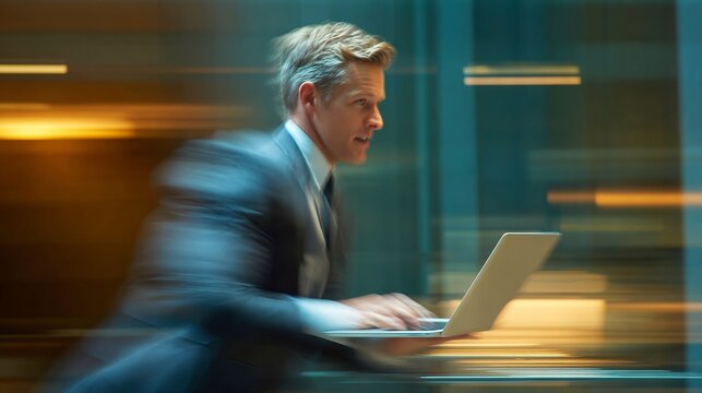 A focused Caucasian businessman moves swiftly with a laptop, embodying productivity in a fast-paced corporate environment.