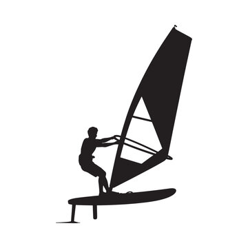 Silhouette of a windsurfer gracefully riding the waves with a dark sail