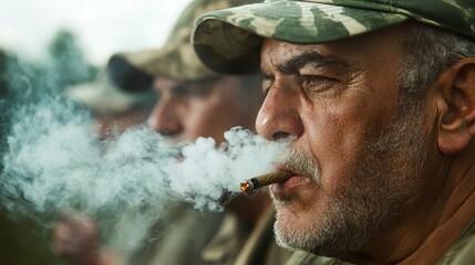 A striking image portraying a mature man smoking, captured with a calm and thoughtful demeanor that suggests contemplation and an interesting backstory of life experiences.