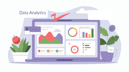 Fototapeta premium Laptop displaying data analytics charts and graphs with plants and tea statistics