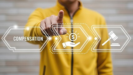 Person interacting with compensation and law concept on digital interface