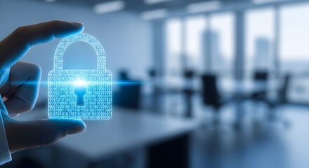 Hand holding a glowing digital padlock icon representing data se