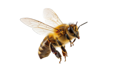 Close-up of a Honeybee in Flight with Detailed Wing and Body Structures against a Black Background
