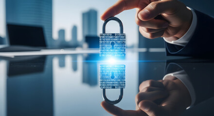 Hand touching digital padlock displaying binary code on a reflec
