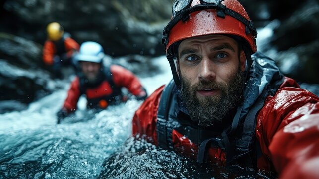 A group of brave individuals navigate through rapid waters, demonstrating courage and teamwork as they face the challenges of white-water rescue in nature's beauty and danger.