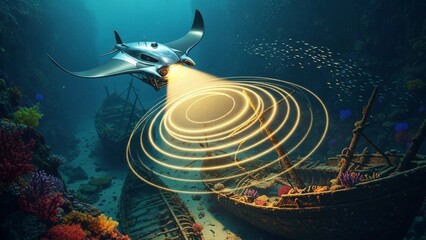 A majestic manta ray swims through the ocean with a vibrant glow emanating from its body near a sunken ship