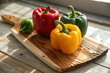 Three peppers are on a wooden cutting board