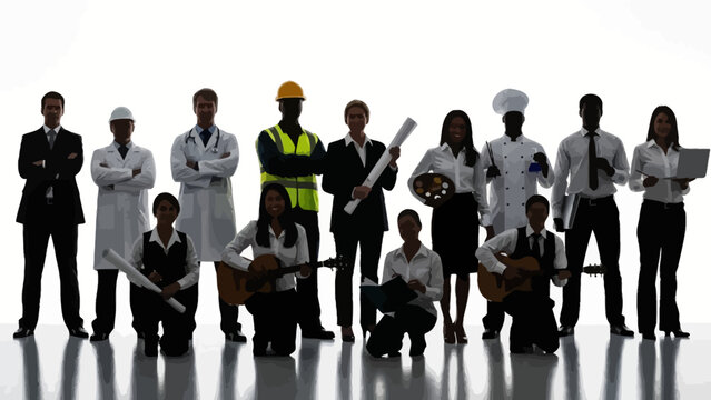 Diverse group of professionals in various occupations standing together