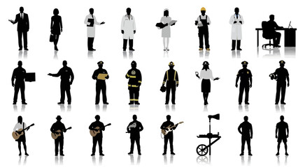 Silhouettes of people in various professions and activities