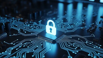 Glowing lock icon on a computer circuit board, emphasizing digital security and protection