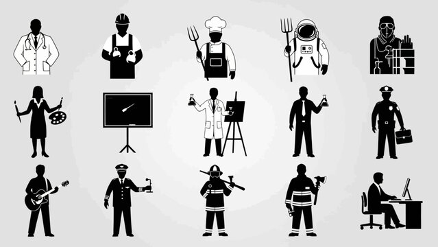 Silhouette icons of people in various professions and activities
