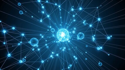 Glowing network of spheres and connecting lines in shades of blue against a dark backdrop
