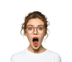 Surprised young woman with glasses in expressing emotions bright, isolated on transparent background, png